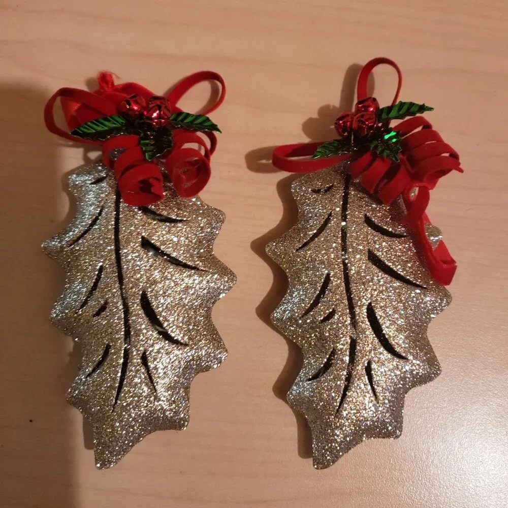 Pair Of Festive Sparkly Gold Leaf Christmas Tree Ornaments - Picture 2 of 3